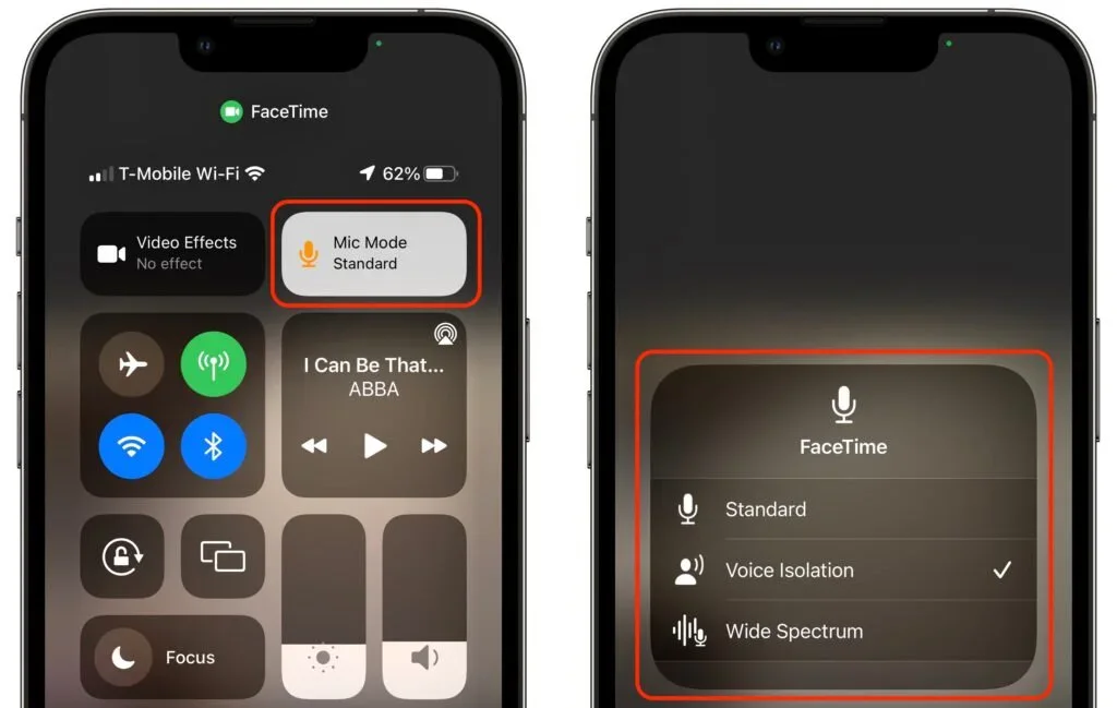 FaceTime microphone controls with Voice Isolation selected