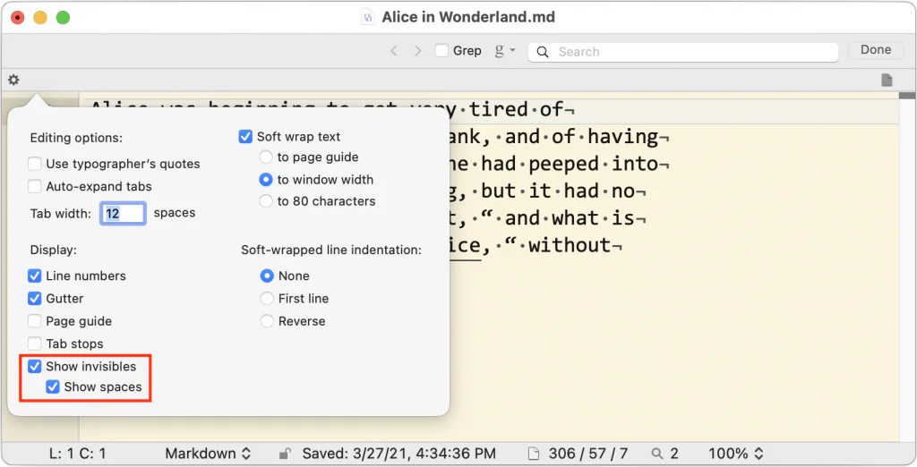 BBEdit preferences with Show invisibles enabled beside visible paragraph marks
