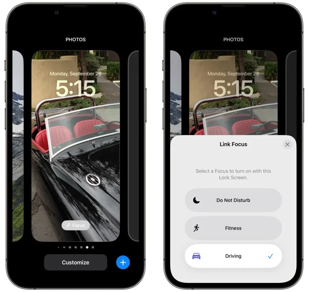 iPhone Lock Screen customization linked to a Driving Focus