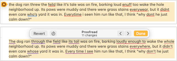 Apple Writing Tools proofreading a paragraph and highlighting suggested changes