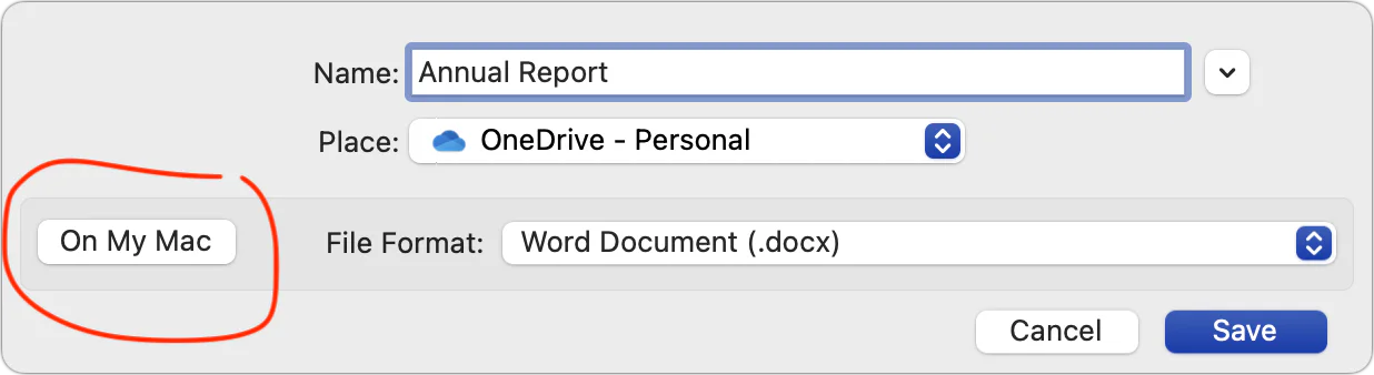 Microsoft Word Save dialog with On My Mac highlighted