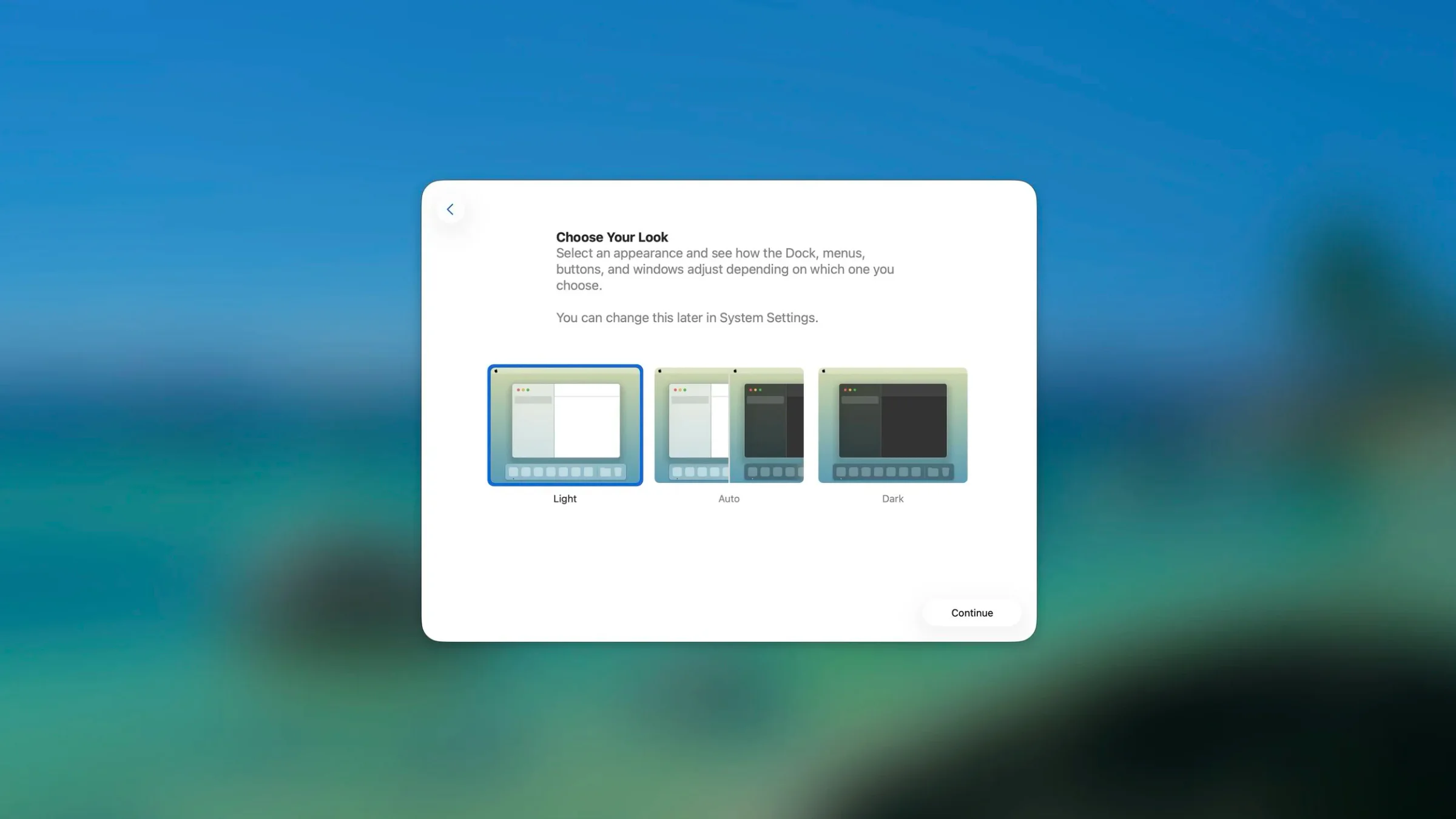 On a computer screen, a setup menu titled 'Choose Your Look' offers options for Light, Auto, and Dark themes, with the Light theme selected. The background is blurred, showing a gradient of blue, green, and black.