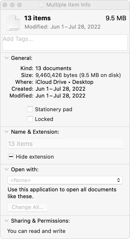 Finder Inspector window showing information for 13 selected items