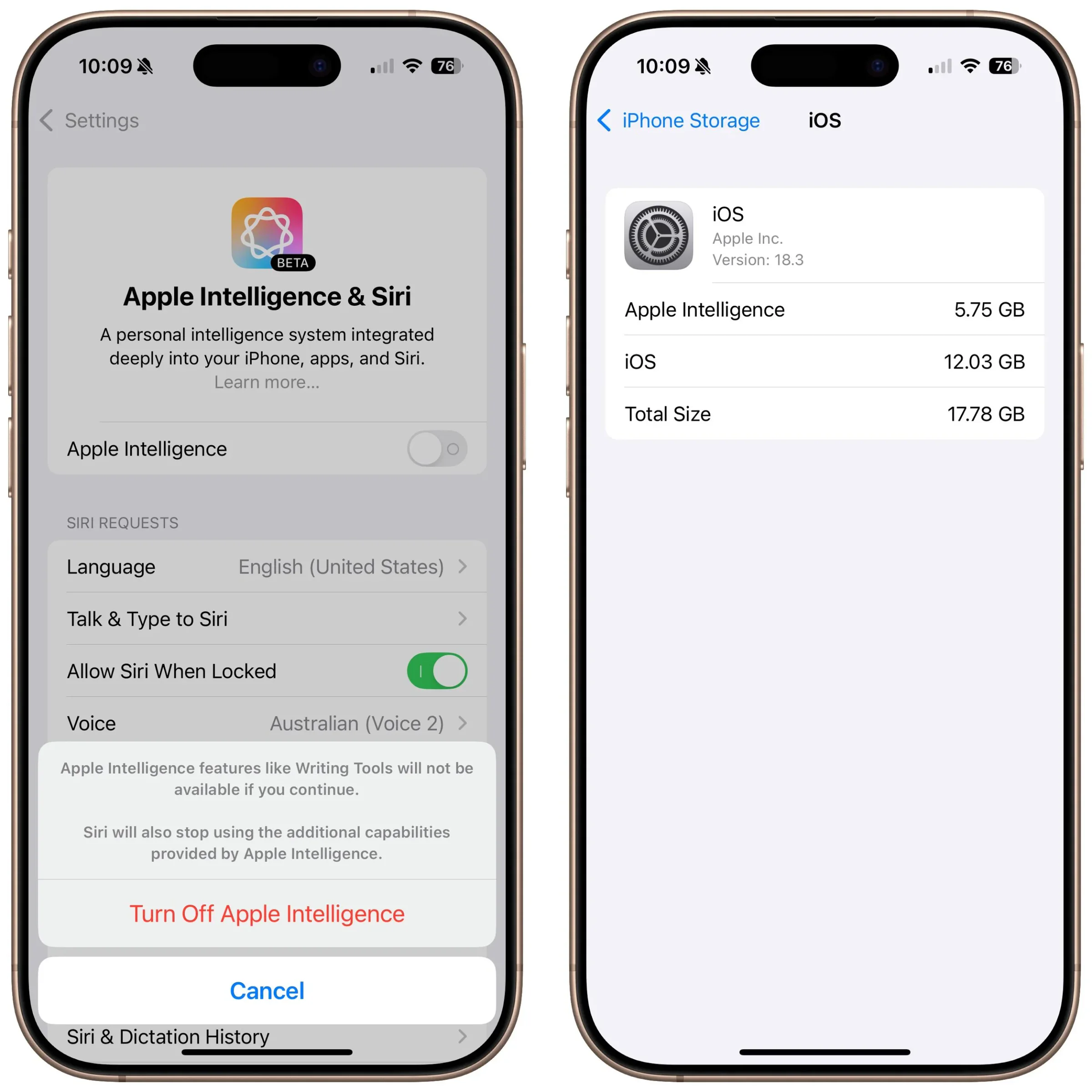 Apple Intelligence settings and storage usage on two iPhones