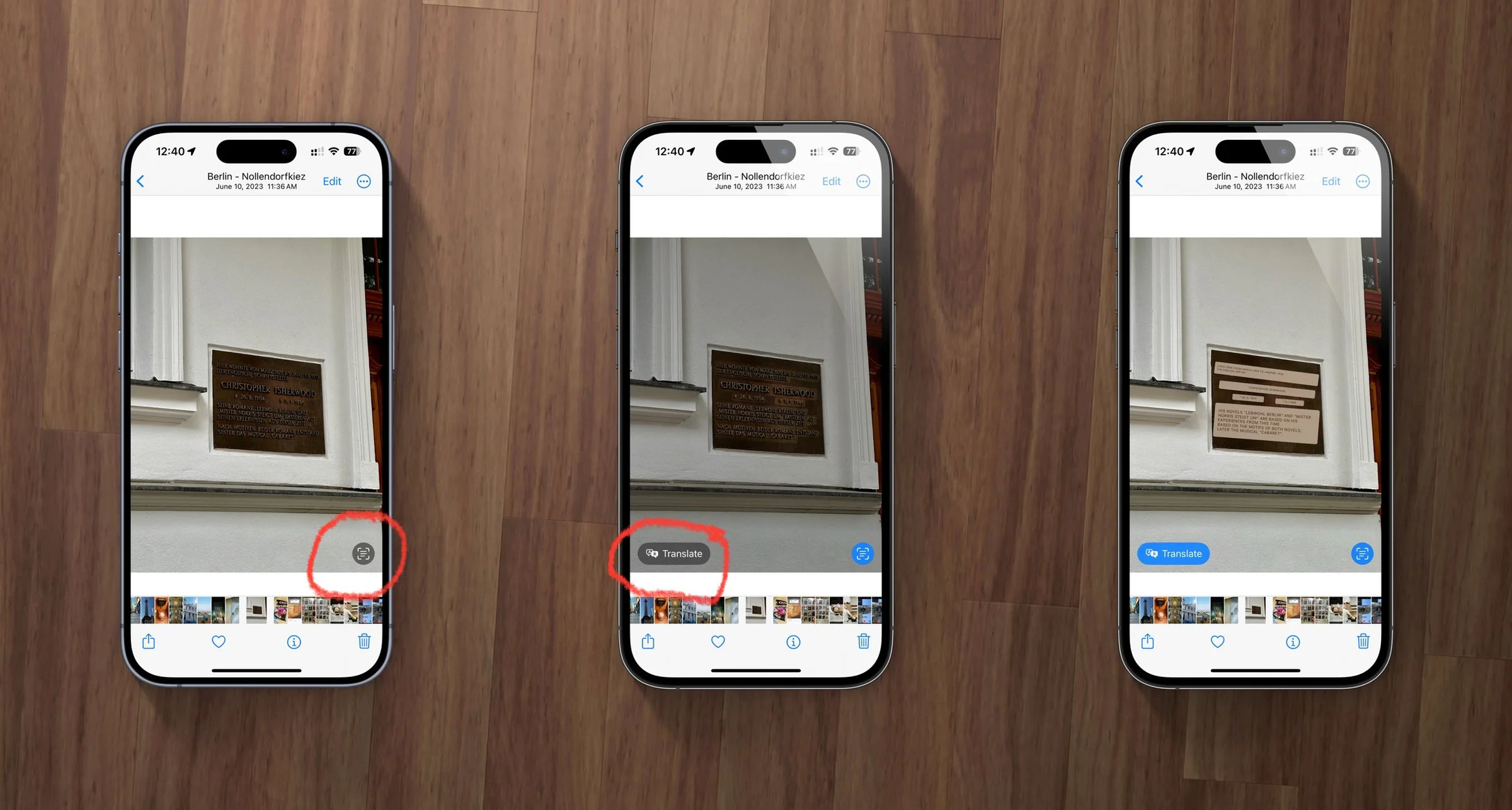 Apple device screenshot showing Berlin - Nollendorfkiez June 10. 2023 11:36 AM CHRISTOPHER ISHERWOOL