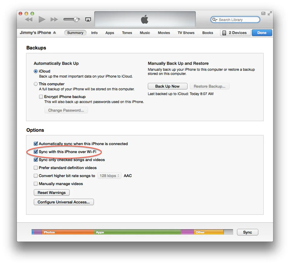 Apple device screenshot showing Q- Search Library Jimmy's iPhone 4 Summary