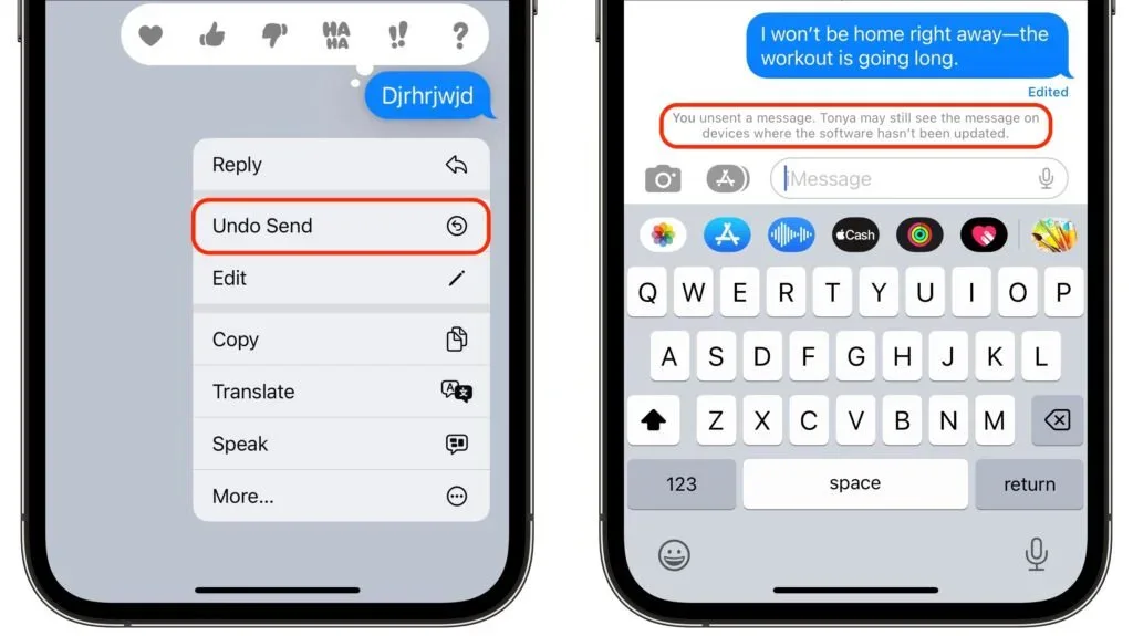 iPhone Messages menu with Edit highlighted beside an edited text