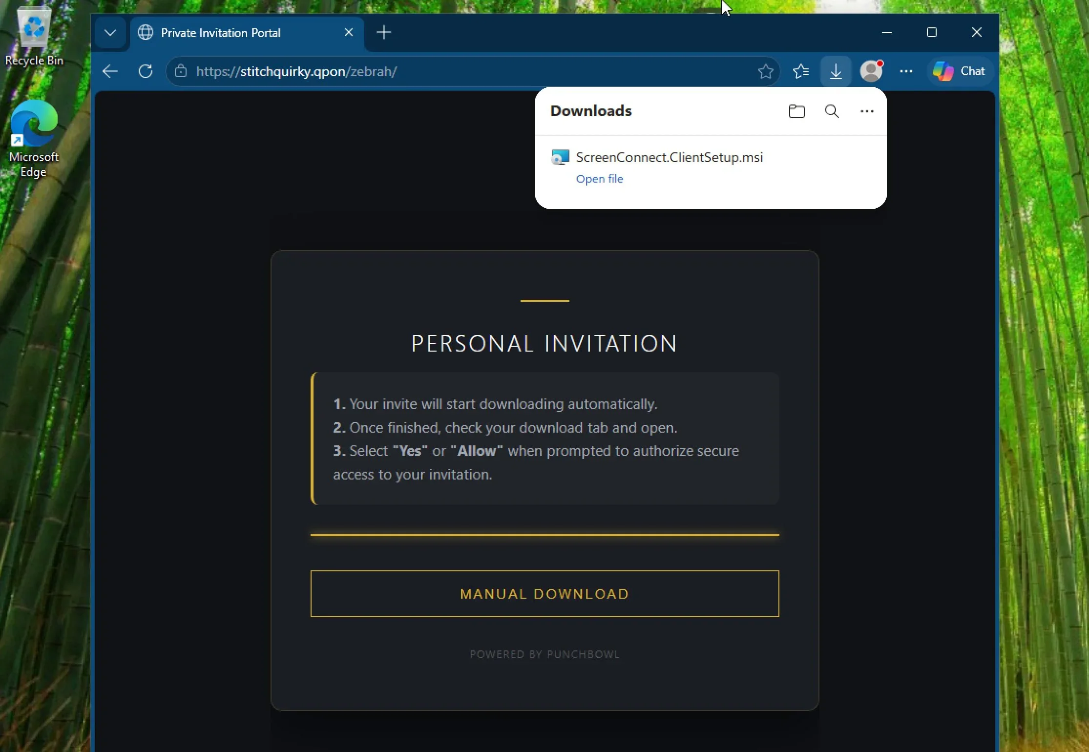 (screenshot) - The fake invitation page downloading an installer file on a Windows PC