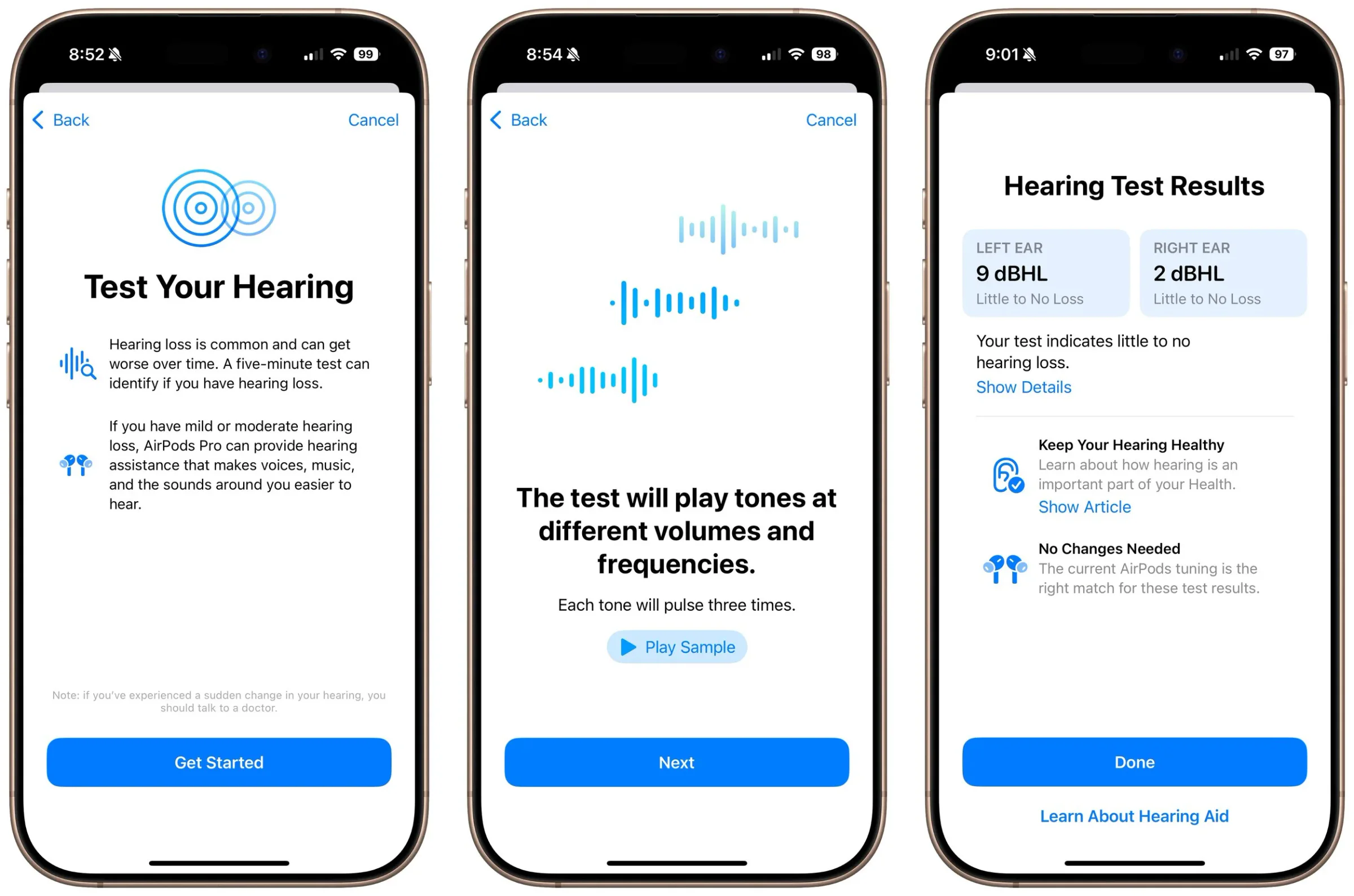 Three iPhone screens showing the AirPods hearing test and its results