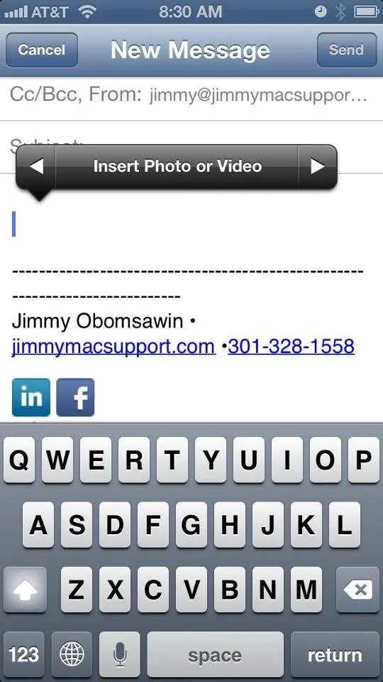 iPhone screenshot showing •Ill AT&T New Message Send