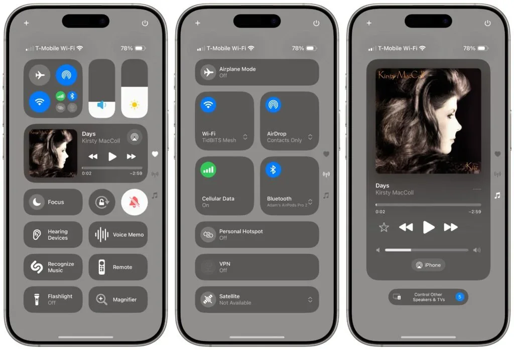 Three iPhone screens showing the Favorites, Connectivity, and Media pages of Control Center