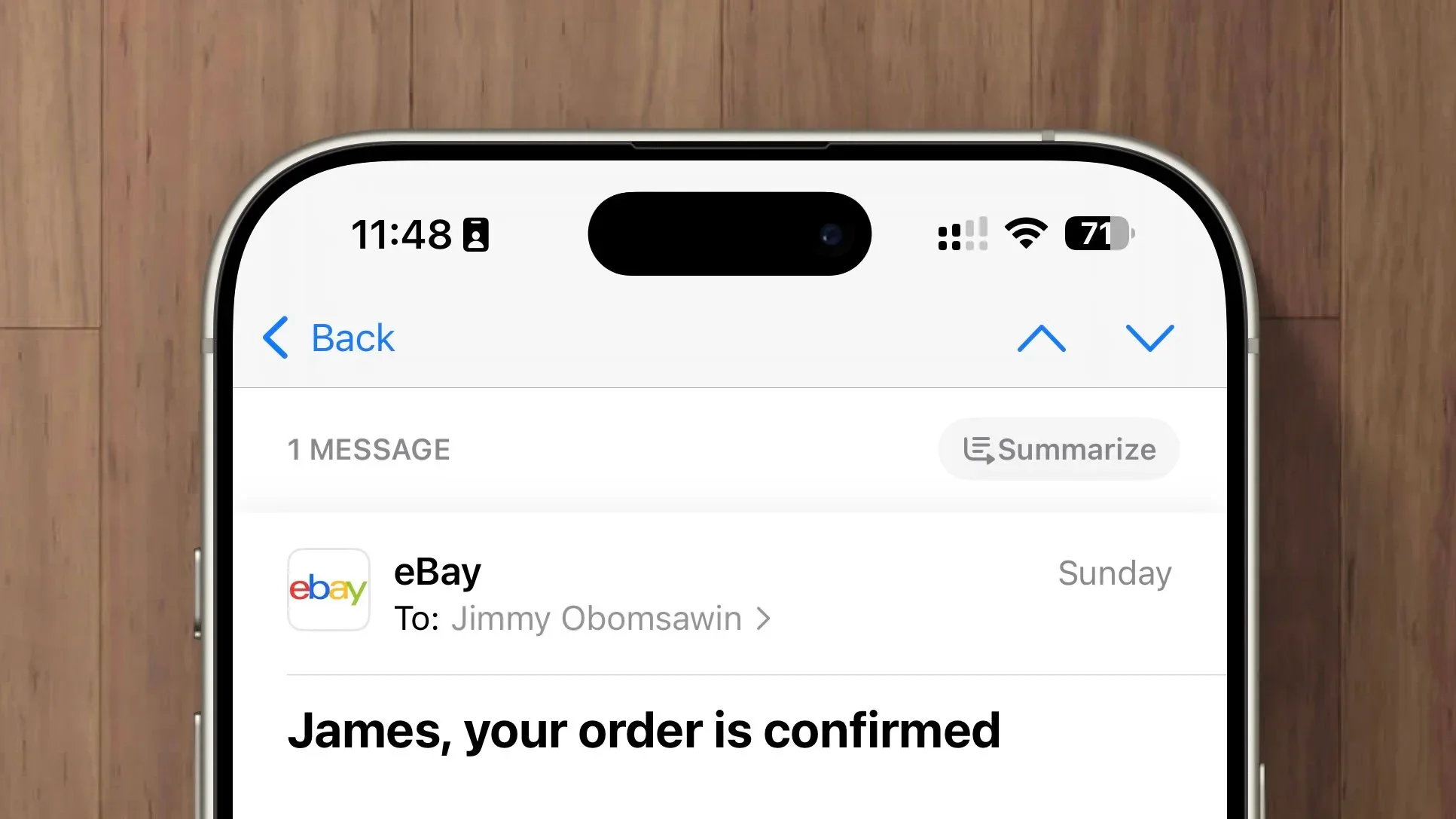 An iPhone Mail message showing the sender name and full email address