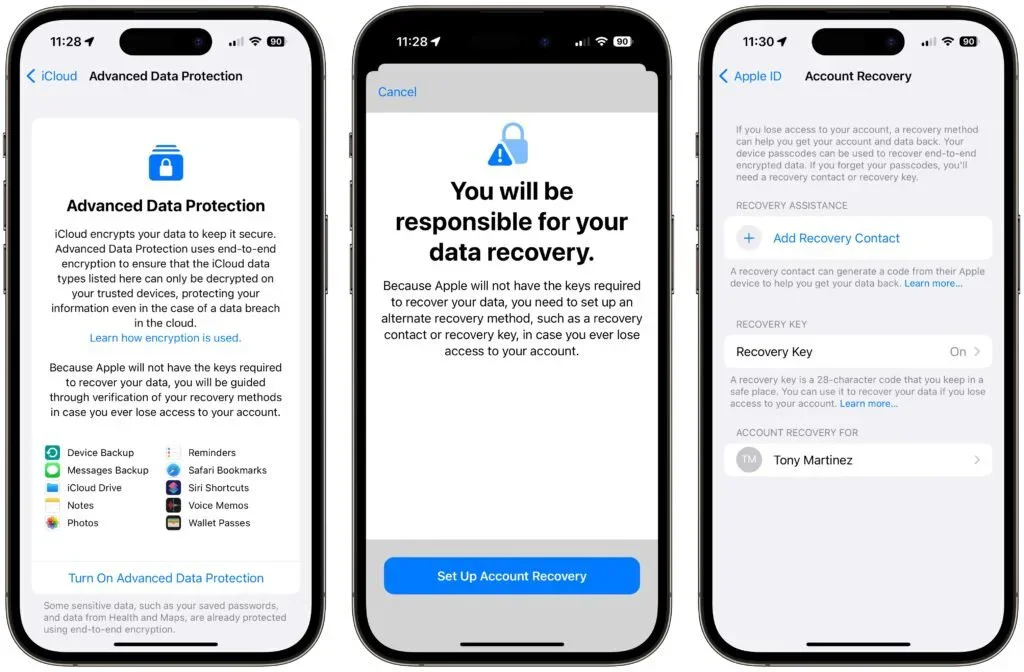 Three iPhone screens explaining and setting up Advanced Data Protection