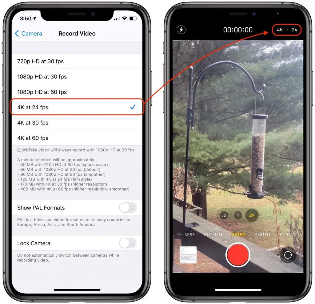 iPhone Record Video settings beside the Camera app recording video