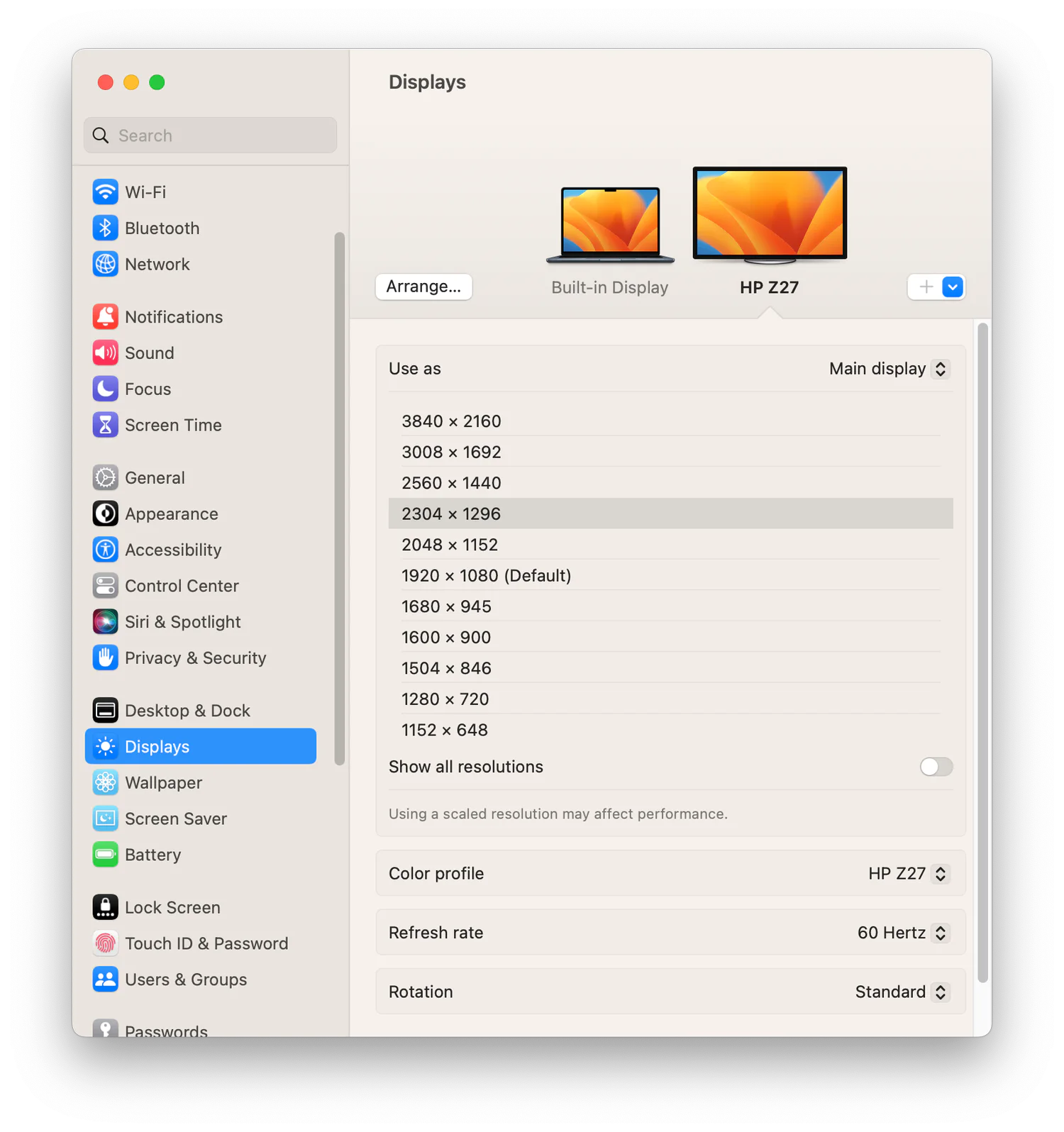 macOS Displays settings showing additional scaled-resolution choices