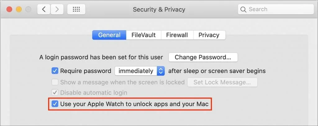 Mac Security and Privacy settings with Apple Watch unlocking enabled