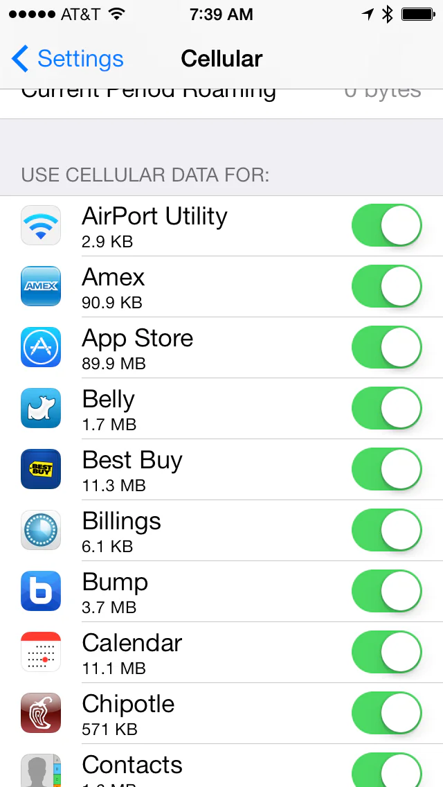 iPhone Cellular settings listing per-app cellular data switches