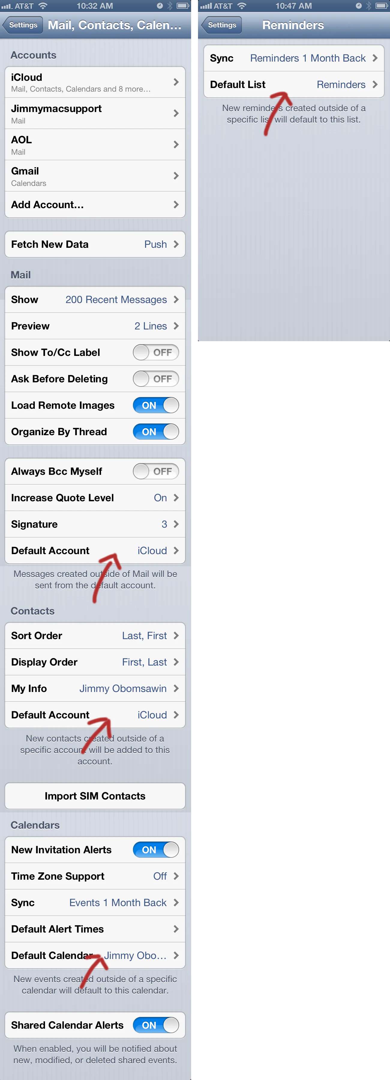 screenshot showing Mail, Contacts, Calen Accounts ¡Cloud