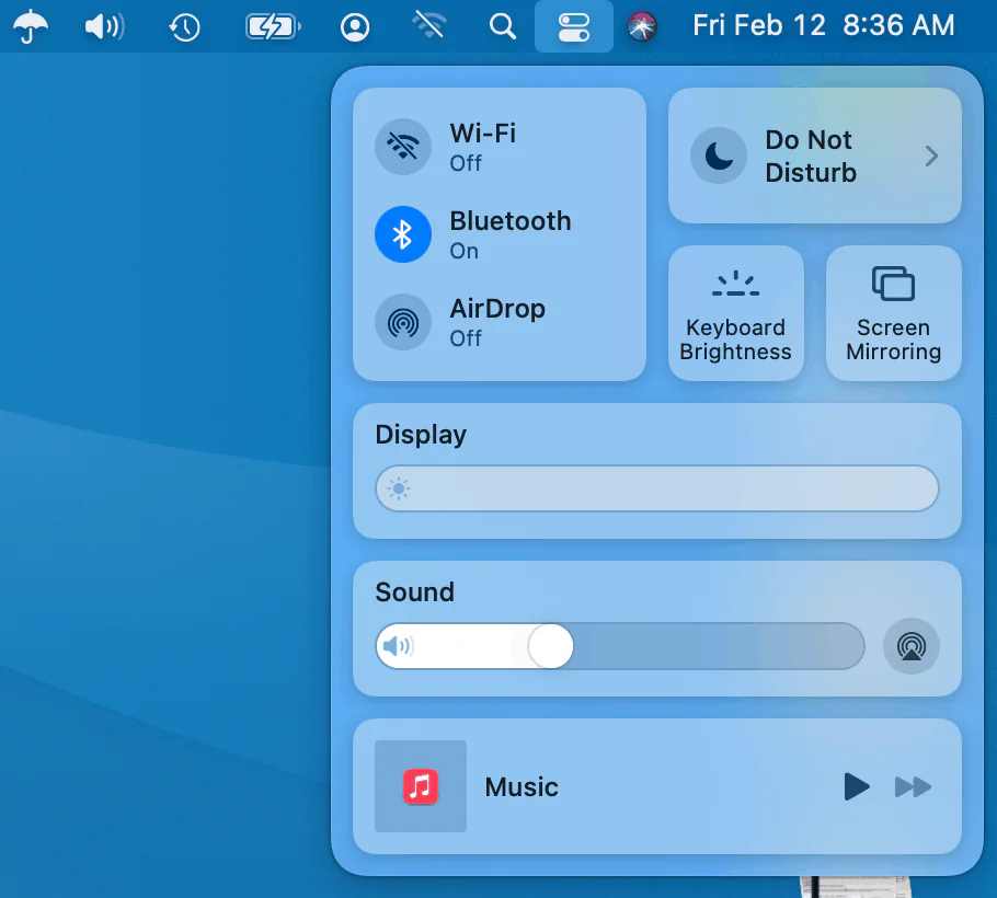 Mac Control Center with Do Not Disturb enabled