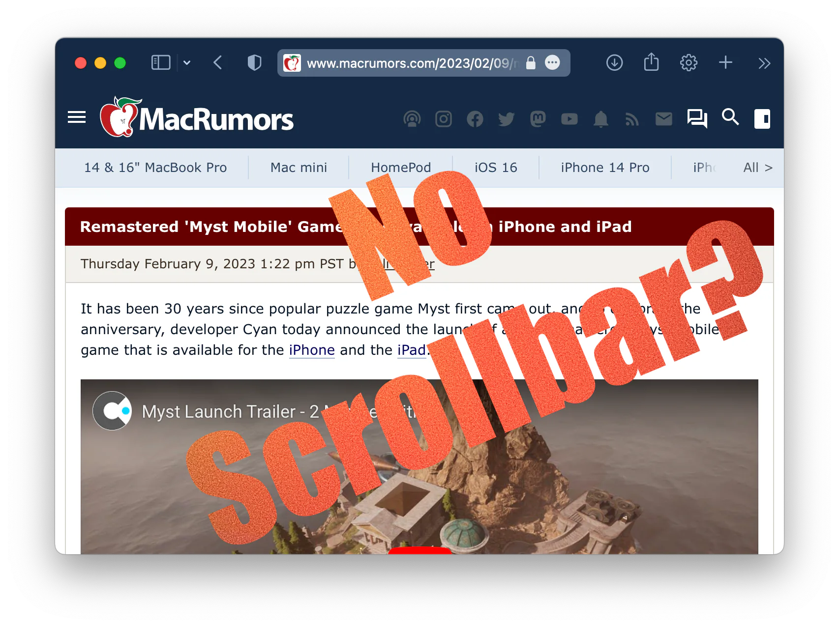 MacRumors webpage with a large Scrollbar label pointing to the browser's scroll bar