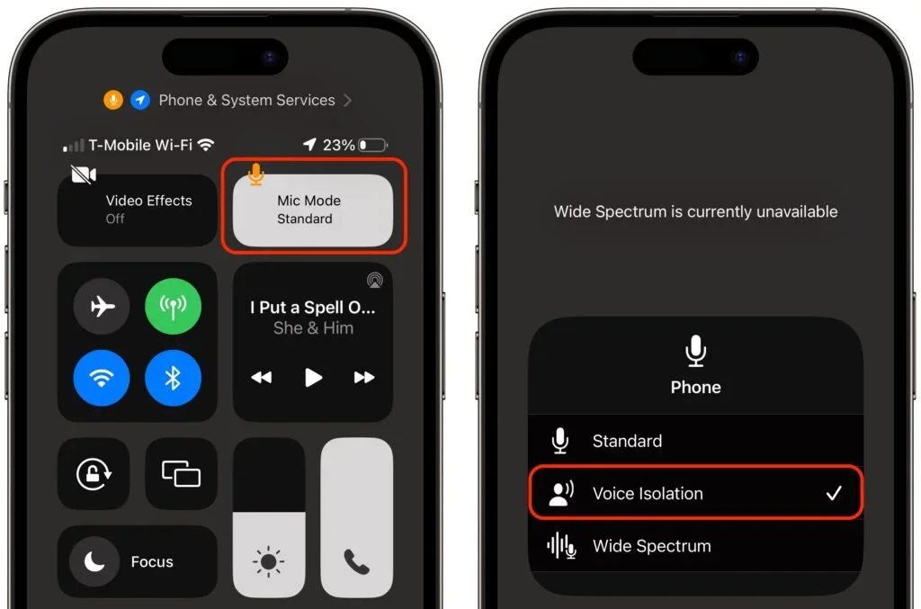 iPhone microphone controls with Voice Isolation selected