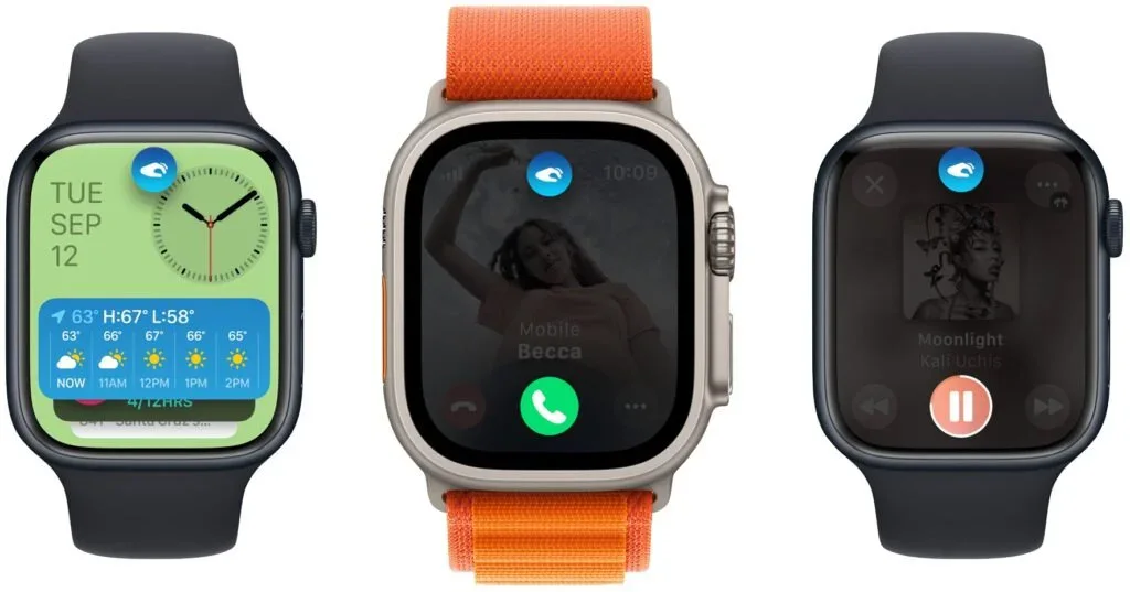 Three Apple Watches showing Double Tap controls for widgets, calls, and media