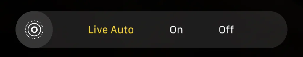 iPhone Camera Live Photos menu with Auto, On, and Off choices
