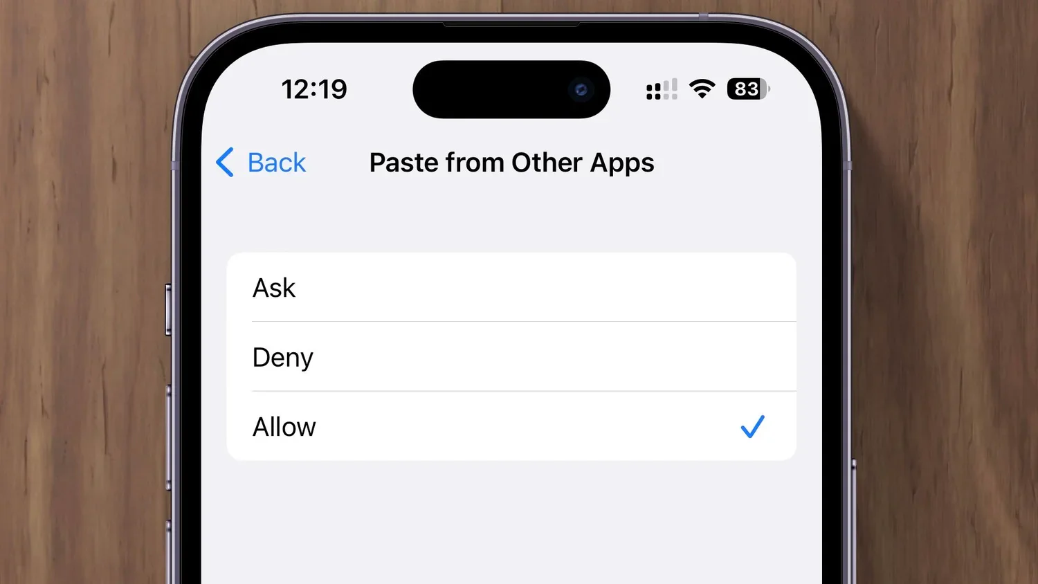 iPhone Paste from Other Apps setting with Ask, Deny, and Allow choices
