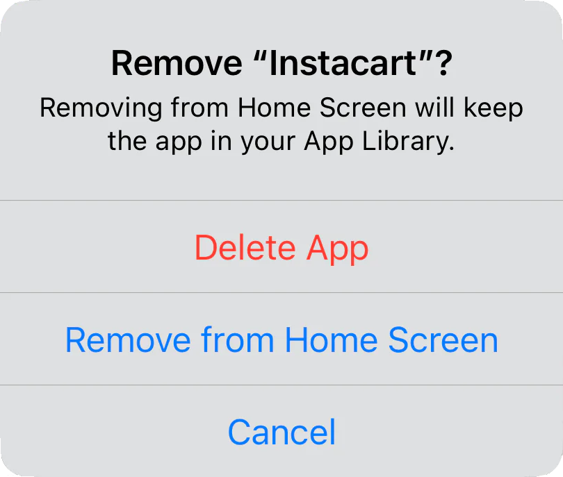 iPhone prompt offering to delete an app or remove it from the Home Screen