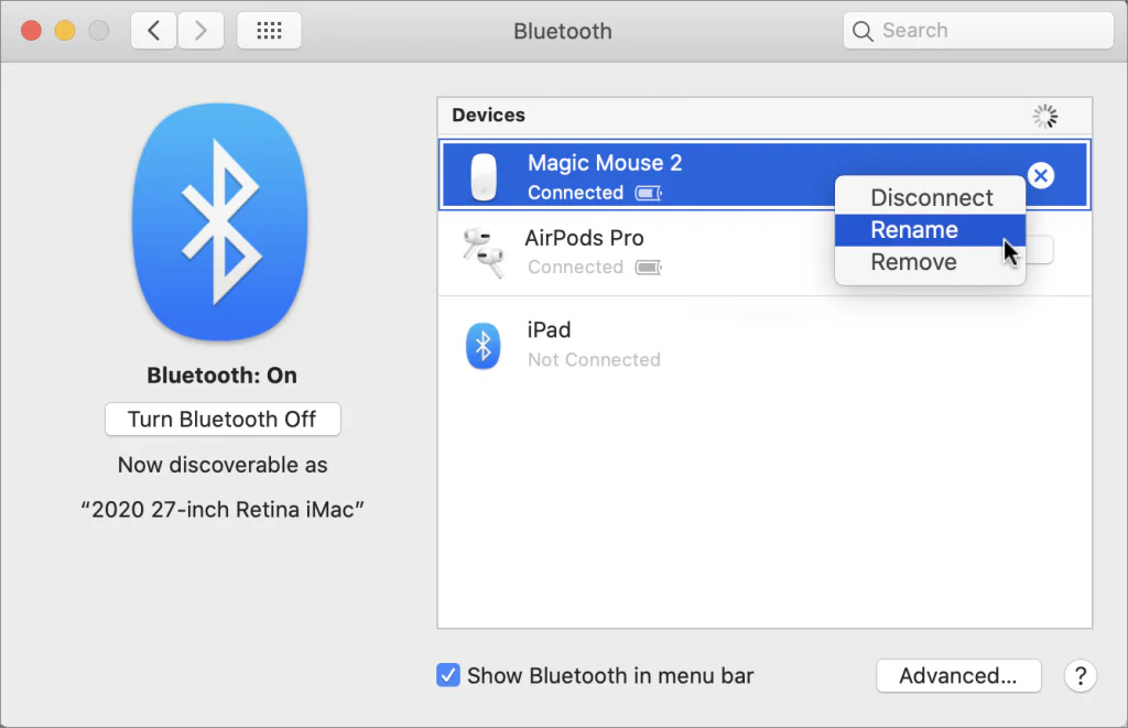 Mac Bluetooth settings with the Rename command open for a connected mouse