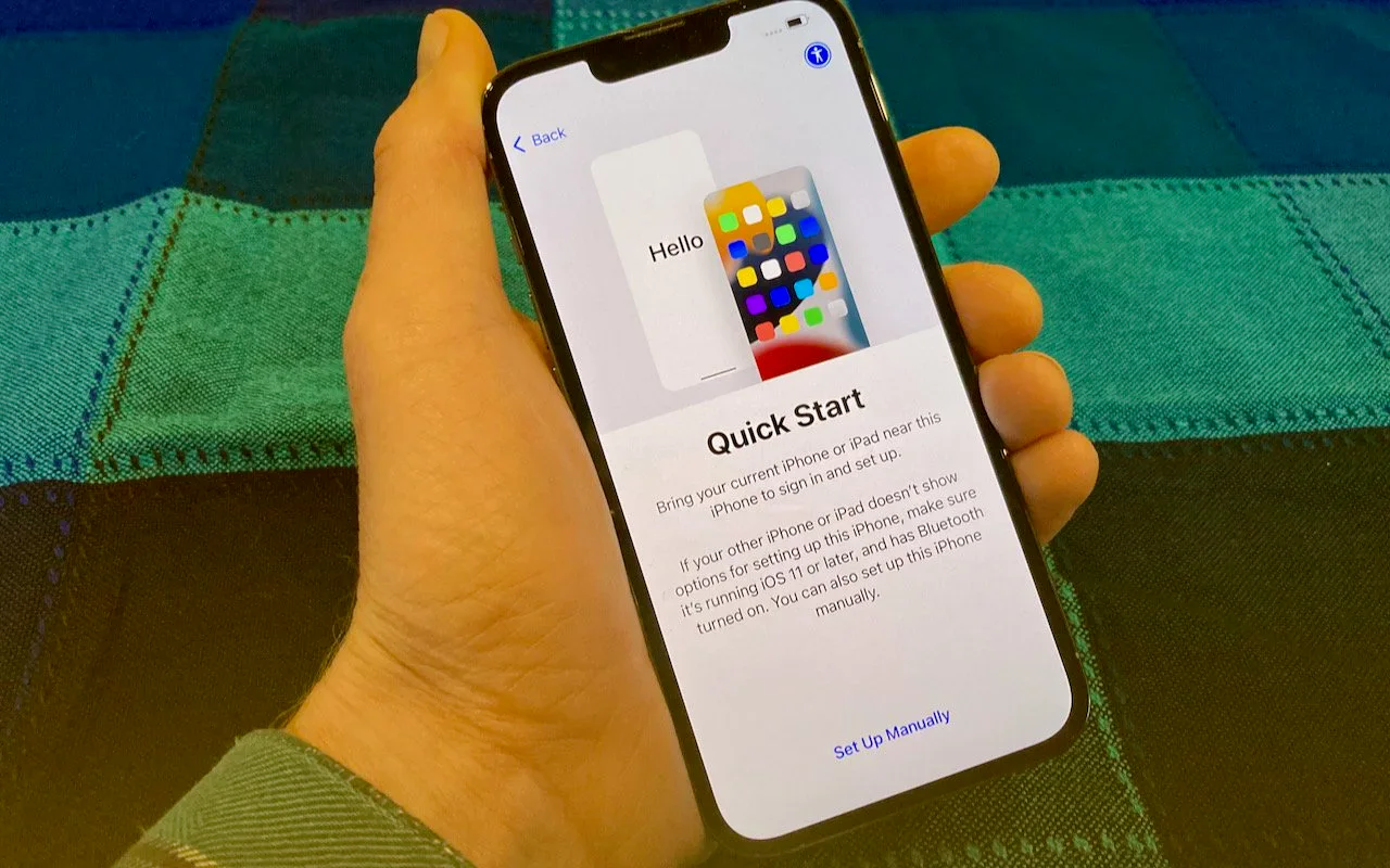 Apple device screenshot showing < Back Hello Quick Start