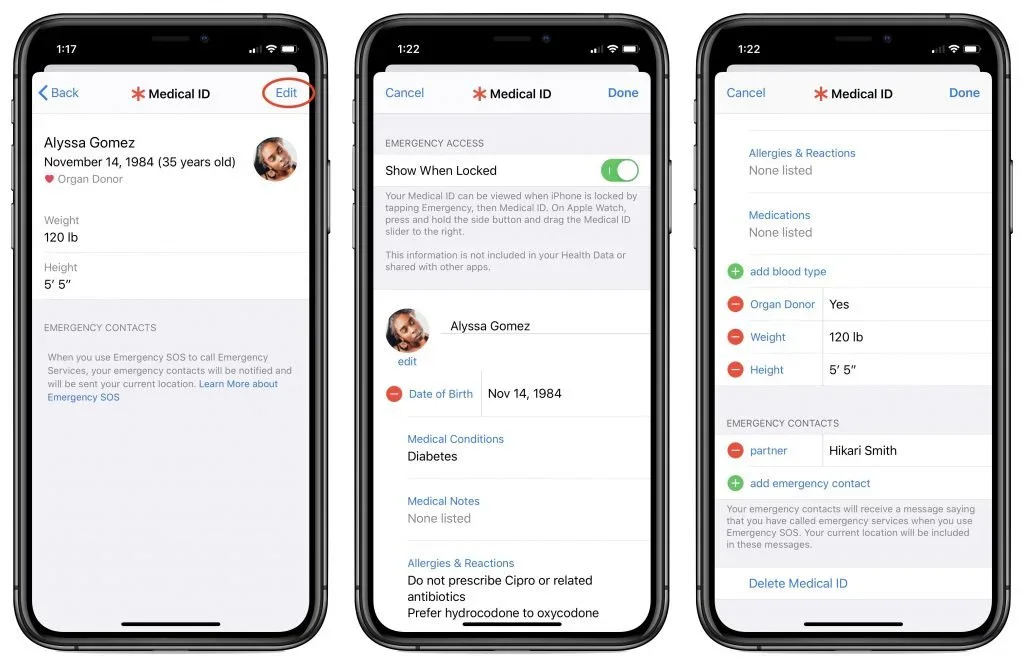 Three iPhone screens showing how to create and edit a Medical ID