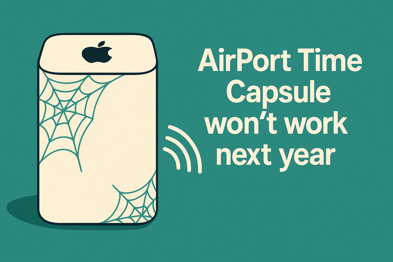 Illustration of a cobweb-covered AirPort Time Capsule with the warning that it will not work next year