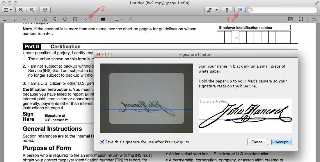 Preview signature editor showing a handwritten signature being captured