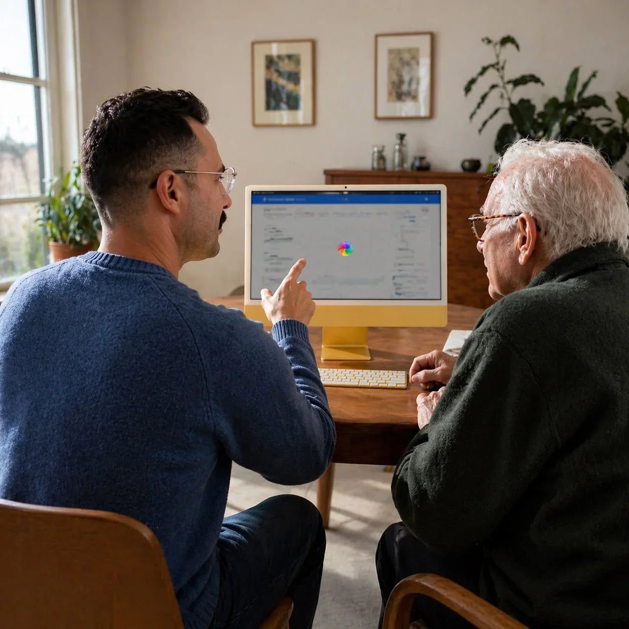 A young man and an elderly man sit at a wooden table looking at a computer screen. The young man is pointing at the screen, which displays an email inbox. They are in a well-lit room with plants and framed pictures on the wall.