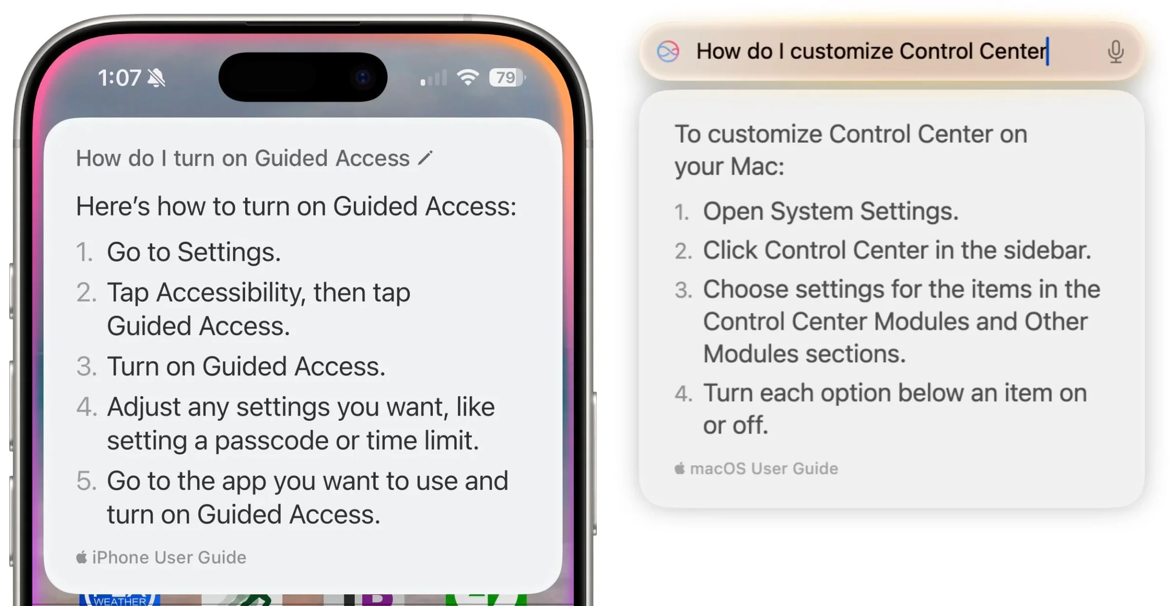 Two iPhones showing Siri answering questions from Apple user guides
