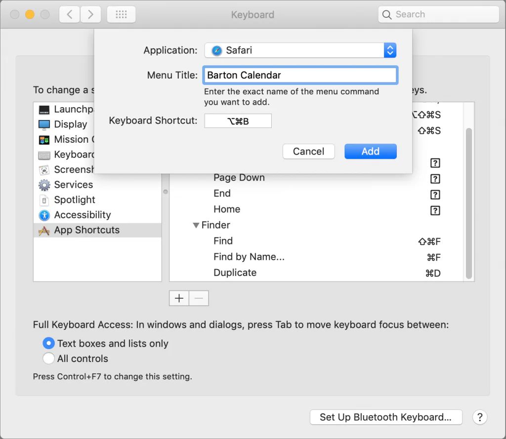 Mac Keyboard settings for creating an app shortcut