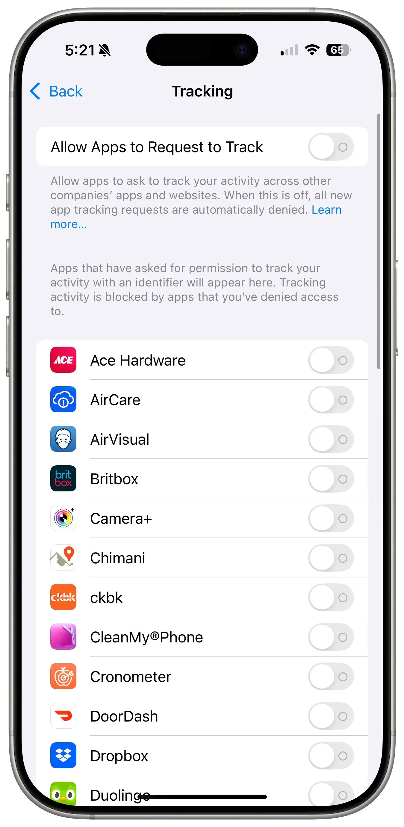 iPhone Tracking settings with Allow Apps to Request to Track disabled