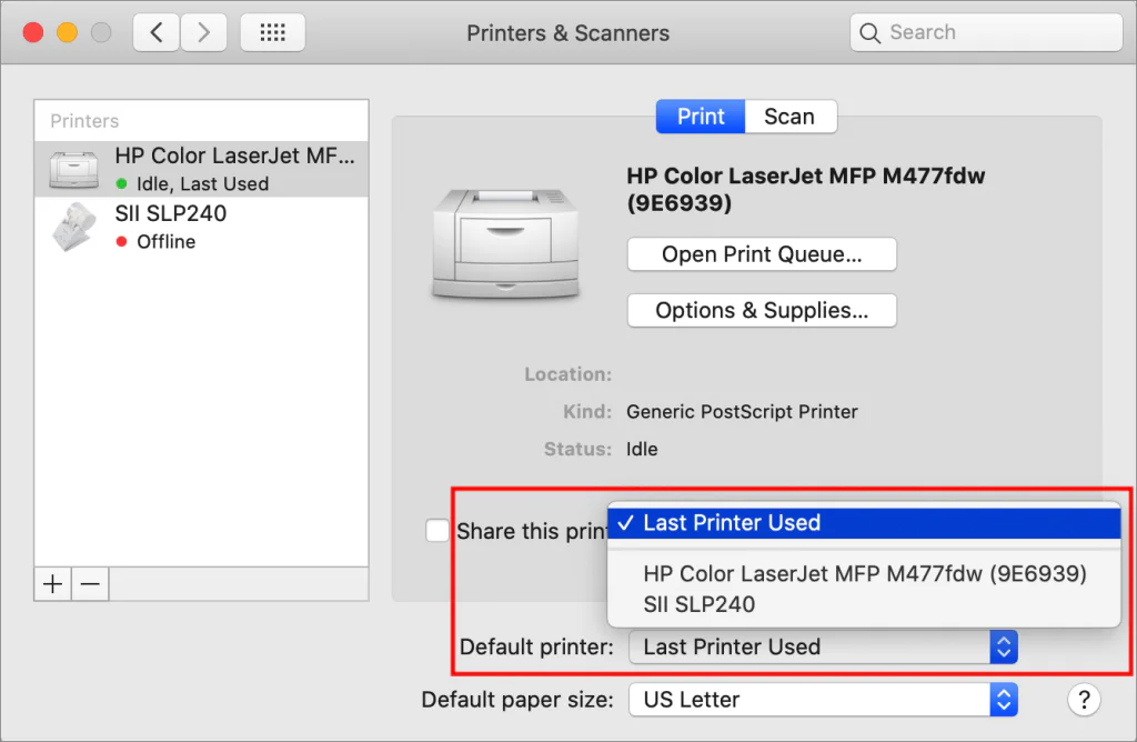 Mac Printers and Scanners settings with the Default printer menu set to Last Printer Used