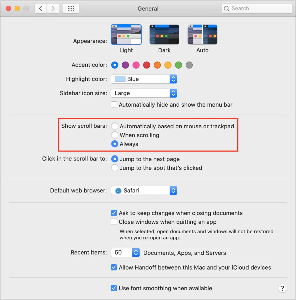 Mac General settings with Show scroll bars set to Always