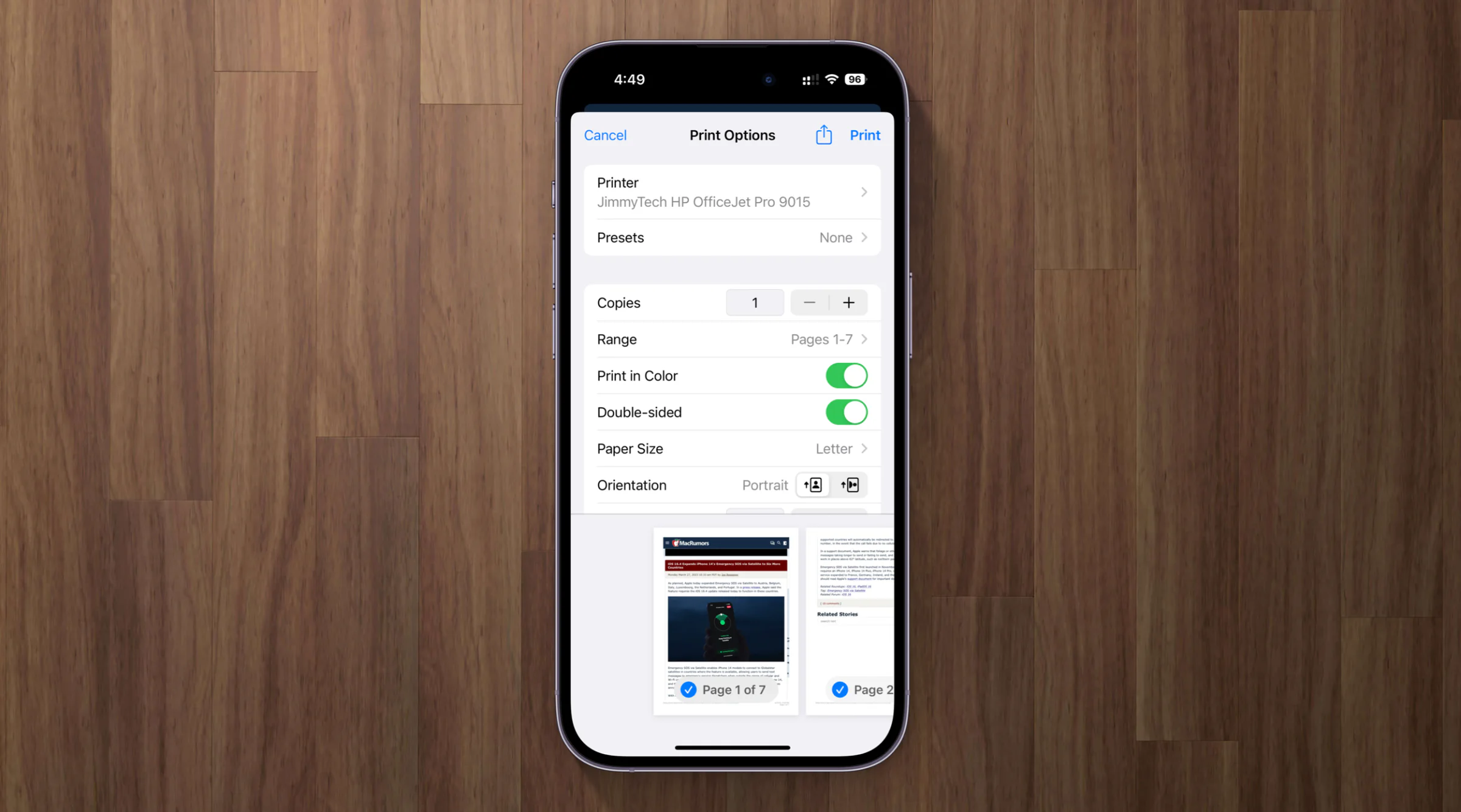 Apple device screenshot showing Print Options Print Printer