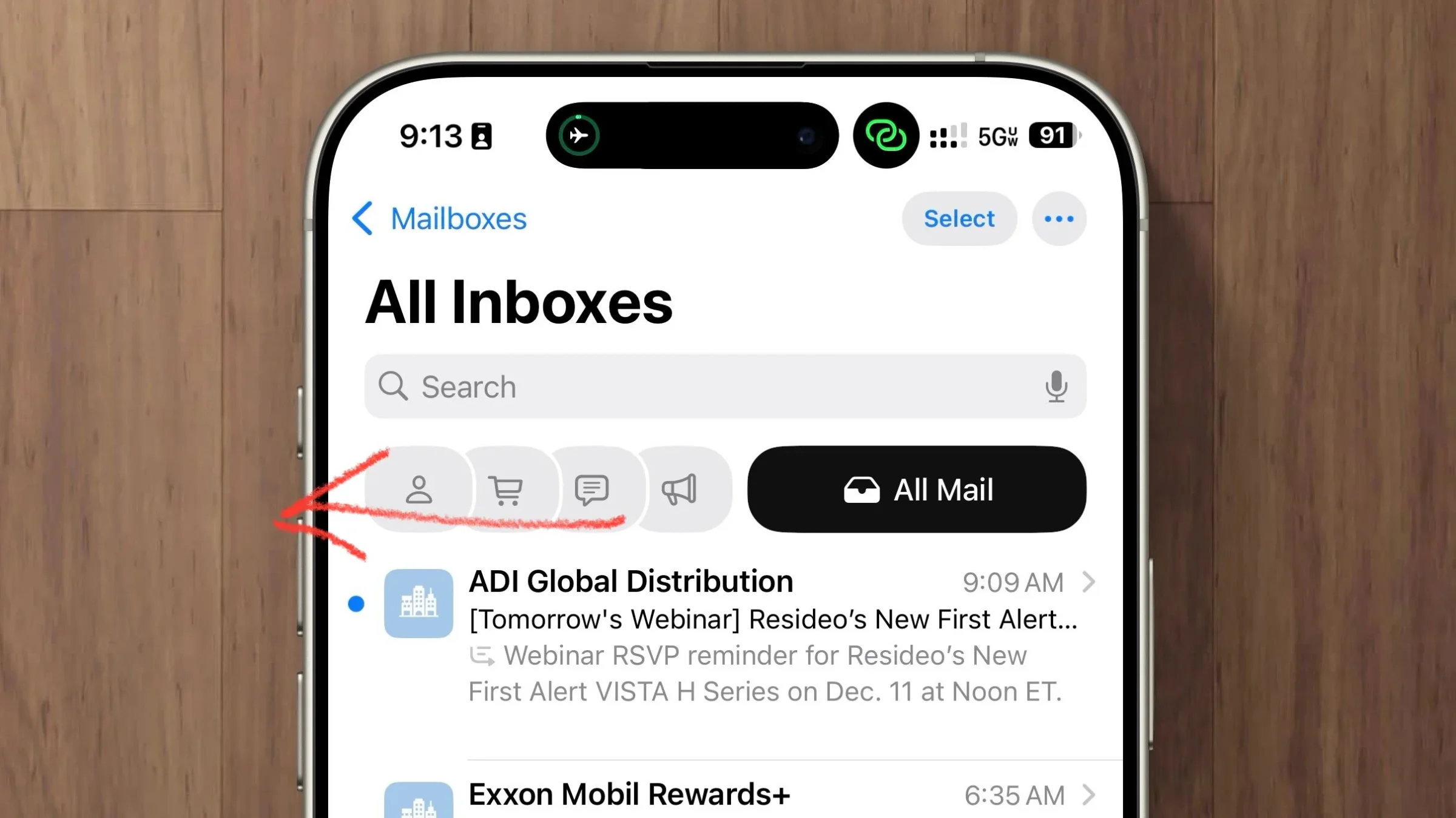 iPhone Mail inbox with category buttons and the All Mail button highlighted