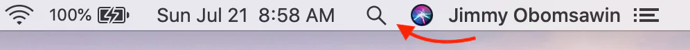 Mac menu bar with the Spotlight magnifying-glass icon circled
