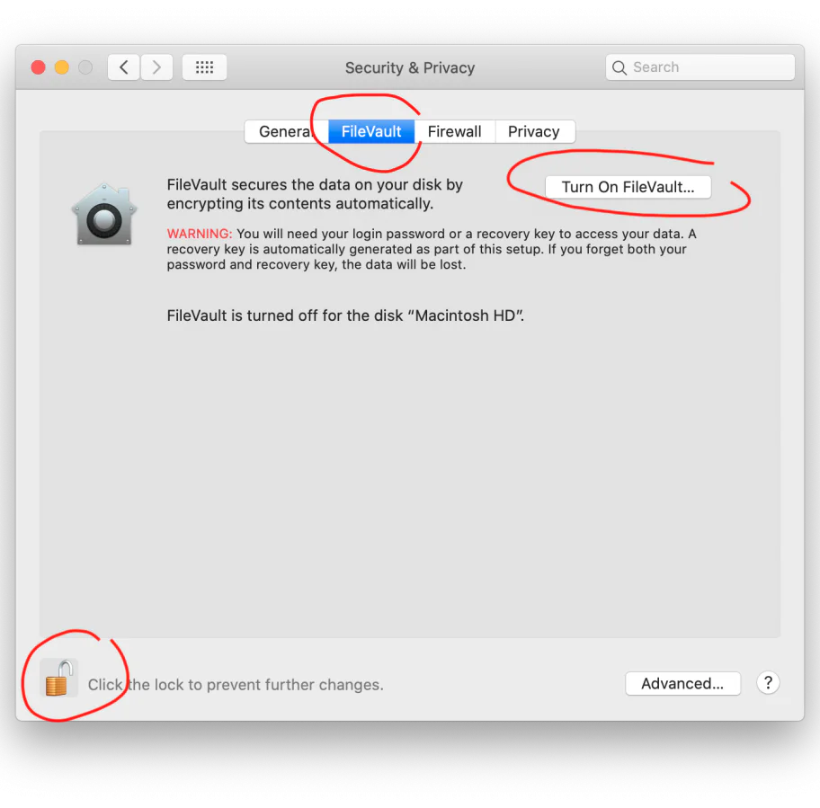 Mac screenshot showing Security & Privacy Q Search Genera