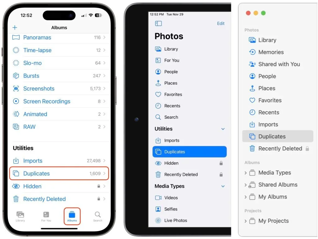 iPhone and Mac Photos sidebars with the Duplicates album highlighted