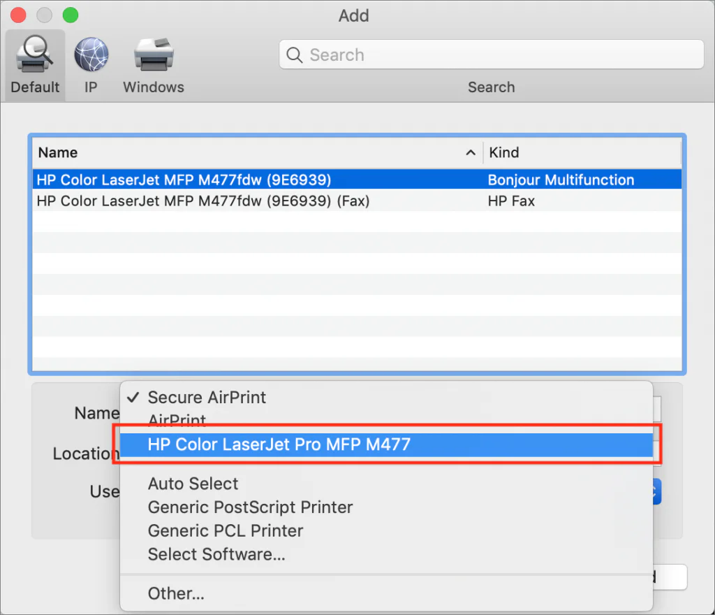 Mac Add Printer window with a printer driver selected from the Use menu