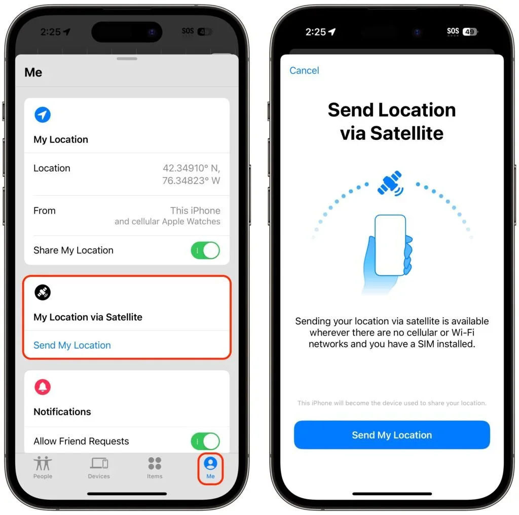 Find My location screen beside Send Location via Satellite instructions