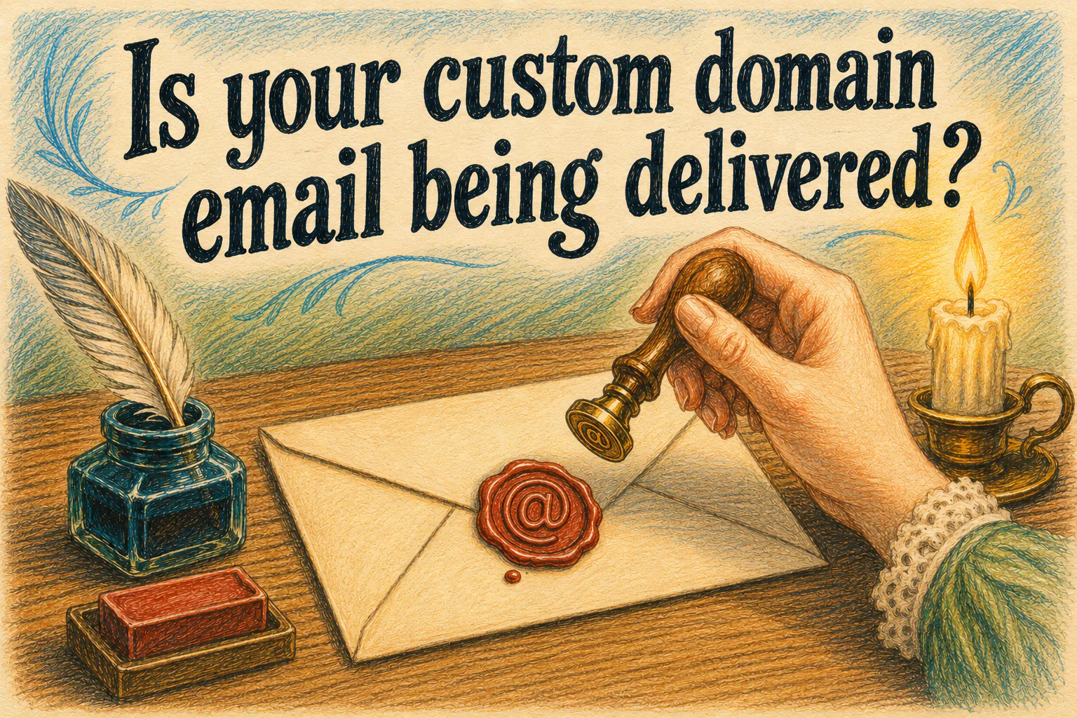 A colored pencil sketch of an old fashioned wax letter seal with the 'at' symbol being pressed onto a letter. The text reads "Is your custom domain email being delivered?"