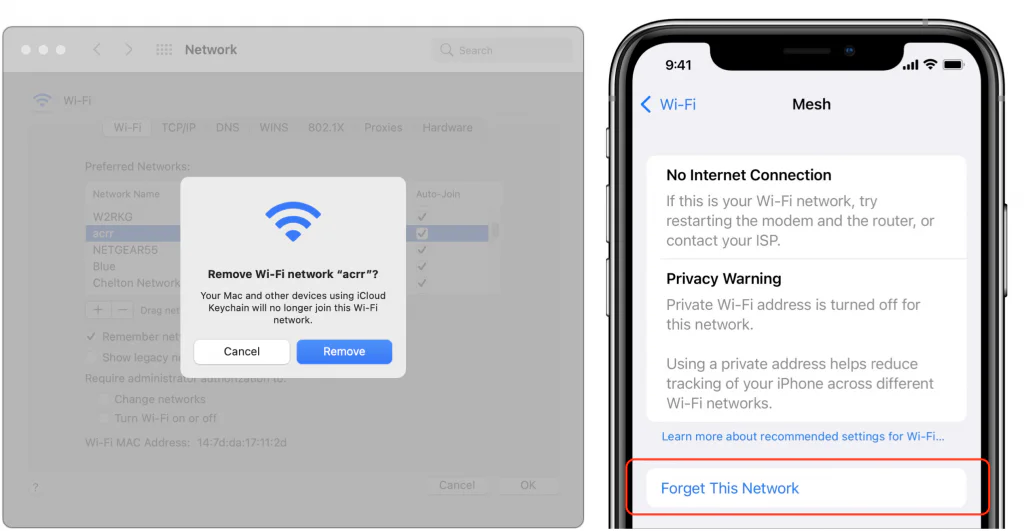 Mac and iPhone dialogs for removing or forgetting a Wi-Fi network