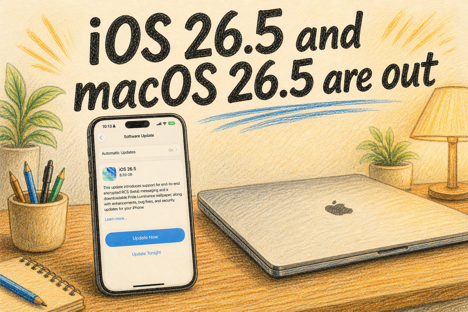 An iPhone showing the iOS 26.5 Software Update beside a Mac, with the title iOS 26.5 and macOS 26.5 are out